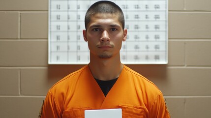 Male suspect in an orange prison jumpsuit poses for a mug shot, holding a placard, with a height chart displayed in the background.