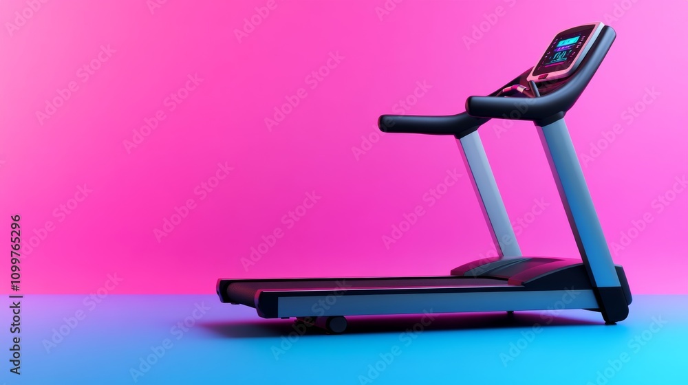 Poster treadmill console with digital display showing workout stats, high-tech gym equipment isolated on a 