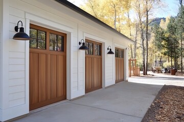 Fototapeta premium Modern garage design featuring wooden doors and stylish lighting in a serene nature setting
