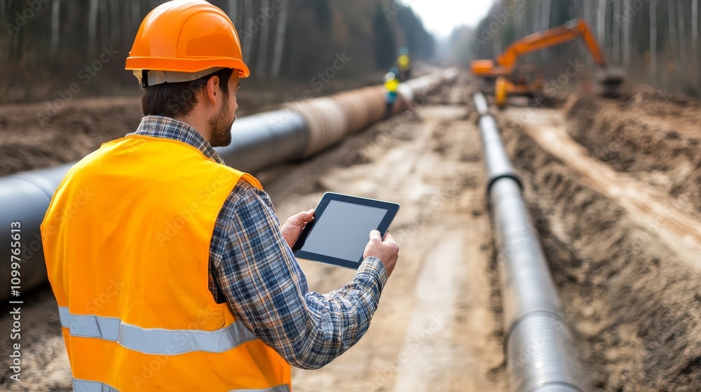 Poster engineer monitoring pipeline construction with digital tablet infrastructure development