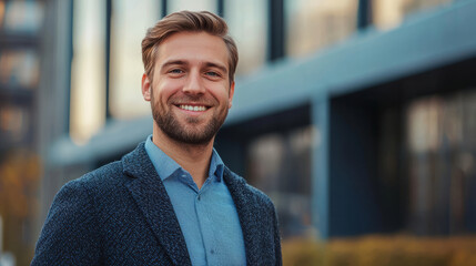 Naklejka premium Confident young business professional smiling outside office building