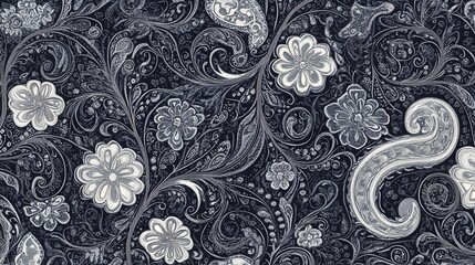 A black background with subtle paisley patterns in gray, creating an elegant and sophisticated design for phone wallpaper