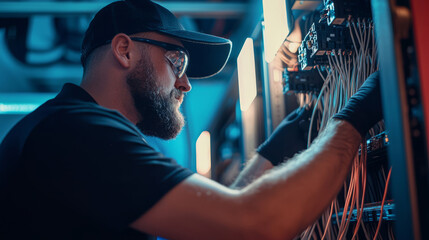 Technician installing optic fiber cables in data center environment