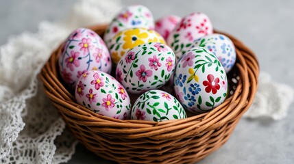 Fototapeta premium Vintage wicker basket filled with hand-painted Easter eggs, delicate floral designs in muted tones, surrounded by lace doilies, classic Easter feel 