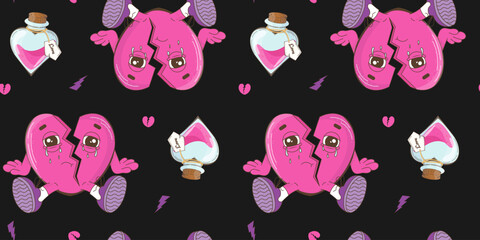 Ready template for design, postcards, print, poster, party, Valentine's day. Seamless pattern with hearts on a black background