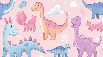 Obraz premium Cute Pastel Dinosaurs Seamless Pattern Nursery Kids Baby Girl Boy Fabric Wallpaper