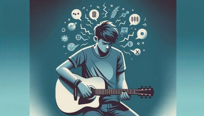 Obraz premium Teen boy playing guitar as a method to relieve stress and find peace