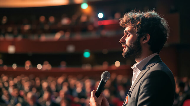 Confident man asking insightful question during a business seminar