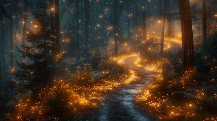 Obraz premium Enchanting twilight forest path illuminated by glowing lights and surrounded by majestic trees. Generative AI