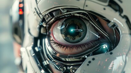 Obraz premium A close-up of a robotic eye, showcasing intricate mechanical details and a realistic iris.