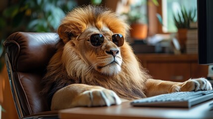 Relaxed lion wearing sunglasses sitting in luxury chair, humorous and stylish animal concept, modern indoor setting, golden sunlight, playful personality, confident attitude, creative scene
