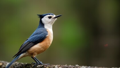 Obraz premium Close-up portrait of Eurasian nuthatch perched on tree branch. Bird displays colorful plumage with white, black, orange hues. Natural environment in garden wood setting. Focused on bird profile view