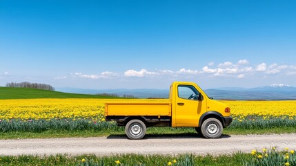 Yellow cargo pickup truck parked on a dirt road lined with daffodils and tulips, fields of wildflowers stretching into the distance, cheerful spring vibe 