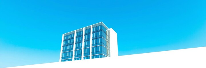 Obraz premium Modern building with clean lines and geometric shapes standing out against a bright blue sky on a white background, detail, isolated, blue sky