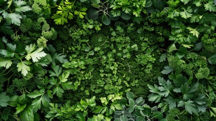 Obraz premium Lush Green Herb Garden: A vibrant overhead shot showcases a dense tapestry of fresh herbs, their various textures and shades of green creating a rich, organic pattern.