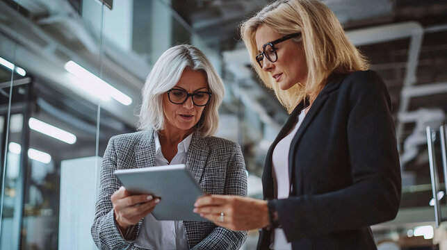 Two mature businesswomen discussing financial report on tablet