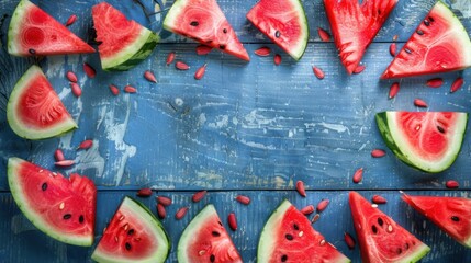 Watermelon Summer Frame: Slices of juicy watermelon arranged in a vibrant, circular frame on a rustic blue wooden surface, creating a refreshing and inviting summer scene.