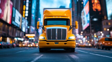 Yellow cargo truck traveling through Times Square, New York City, surrounded by bright digital billboards and bustling city life 