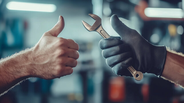 Mechanic holding wrench with thumbs up in workshop setting - Powered by Adobe
