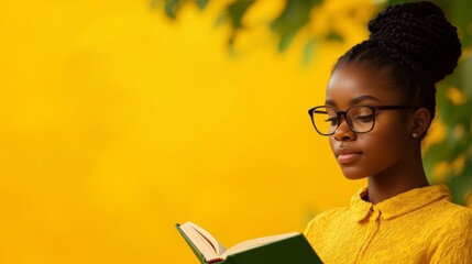 Young African American girl reading a book under a tree, glasses and braids, calm and studious atmosphere, inspiring love for learning 