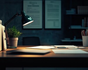 Minimalist desk setup with strategic planning documents, productivity, focus