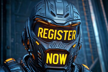 Register sign and signup conceptual. A futuristic armored figure with a helmet displaying "REGISTER NOW" in bold letters, suggesting urgency and a call to action in a sci-fi setting.