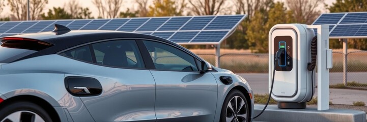 Hyper realistic photo of an electric car charging from a solar-powered station,  technology,  charging station