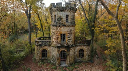 Obraz premium Historic stone tower surrounded by vibrant autumn foliage in a secluded woodland area. Generative AI