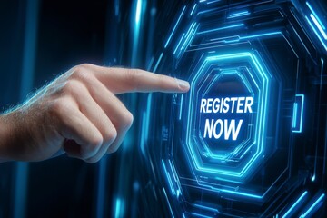 Register sign and signup conceptual. A hand pressing a glowing button that reads "REGISTER NOW," showcasing a futuristic, digital interface.