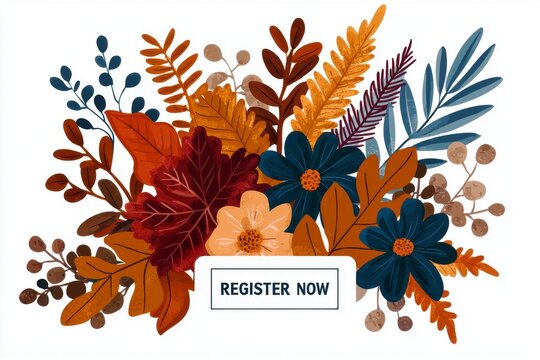 Register sign and signup conceptual. A vibrant floral arrangement featuring autumn colors with a "REGISTER NOW" call to action.