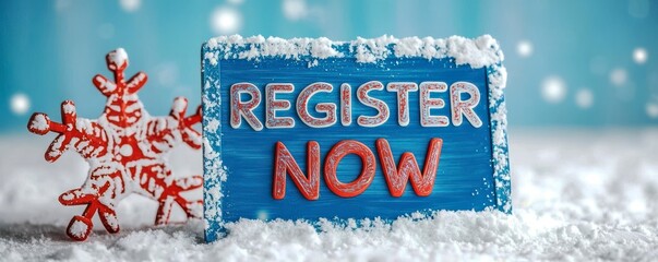 Register sign and signup conceptual. A festive sign encourages viewers to "Register Now," surrounded by a snowflake and a snowy background, creating a wintery atmosphere.