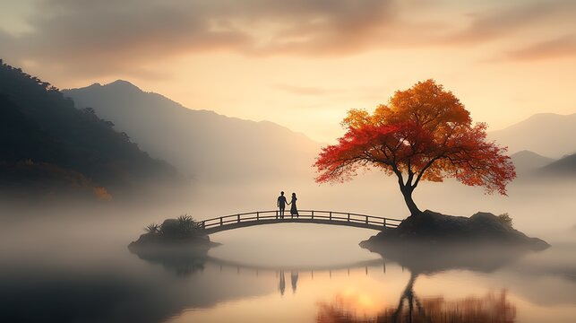 A young couple standing on a bridge, holding hands and looking forward towards a bright future, while the water beneath reflects their past, showing the lessons learned together, Ultra-Realistic, 