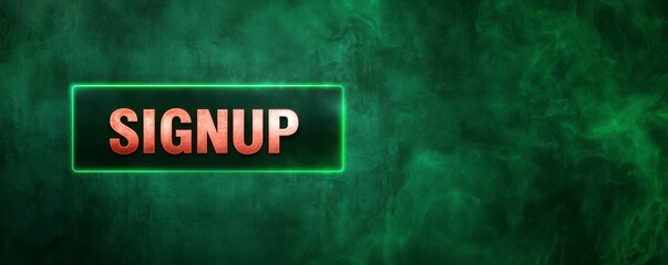 Register sign and signup conceptual. A glowing green "SIGNUP" button against a dark, misty background, designed to attract users for registration.