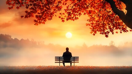 Obraz premium A person sitting alone on a park bench, surrounded by autumn leaves, looking contemplative as the sun sets, symbolizing deep memories and reflections, Ultra-Realistic, Photo Realistic, 