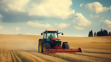 Obraz premium Red Tractor Plowing Field, Agriculture, Farming, Harvest Season, Rural Landscape, Golden Hour.