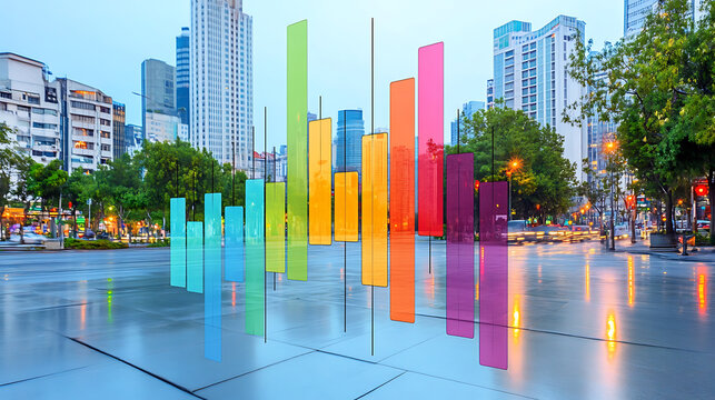 Colorful candlestick chart in urban setting, showcasing market trends and data visualization. vibrant colors reflect dynamic nature of financial markets
