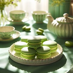 Pistachio macarons on a green background