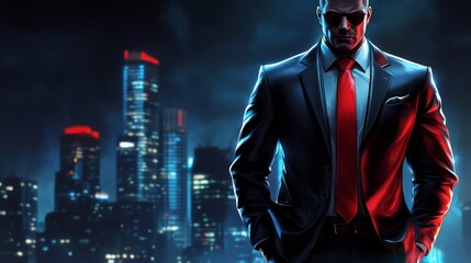 Naklejka premium Confident Businessman in Suit City Night Background