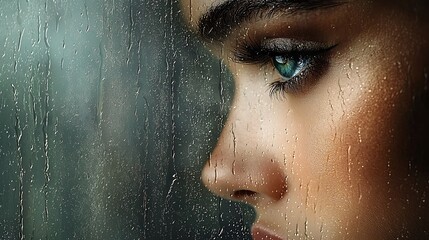 A window with raindrops on the glass, the reflection of a thoughtful person’s face barely visible, symbolizing emotional reflection and memories, Ultra-Realistic, Photo Realistic, 