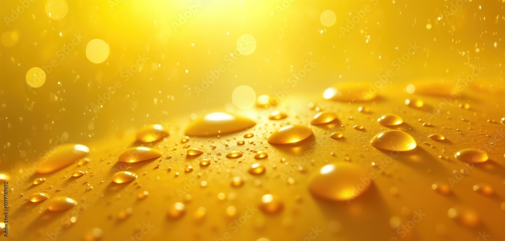 Aufkleber closeup view of water droplets on vivid yellow surface. shiny droplets of water create beautiful pat
