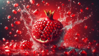 Pomegranate in water splash Vibrant red background side view Space for text.