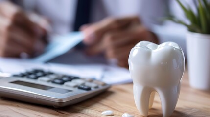 A white tooth model beside a calculator and documents, symbolizing dental finance or insurance.