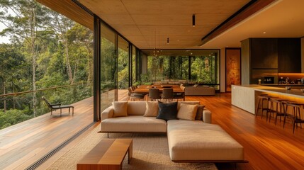 Contemporary living space with a neutral-toned sofa, warm wooden flooring, minimalist decor, and expansive views of a serene forest setting
