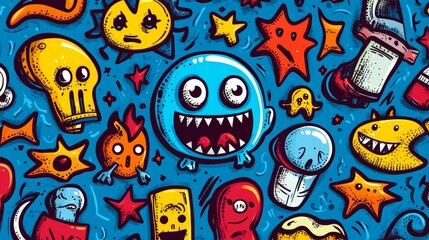 Obraz premium Colorful Doodle Monsters Cartoon Characters Fun Background