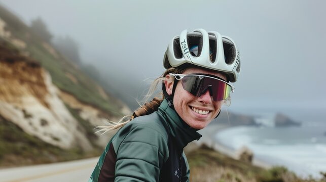 A woman wearing a white helmet sunglasses and a green jacket riding a bike along a coastal road.