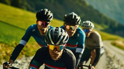 Fototapeta premium Group Of cyclists riding On a gravel road in a picturesque countryside landscape.