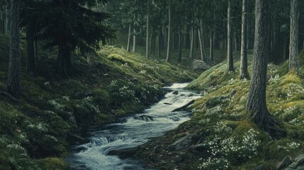 Fototapeta premium Forest stream flowing through a dense woodland with wildflowers and trees