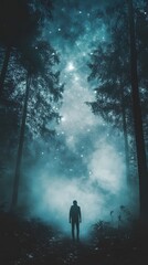 Fototapeta premium Silhouette of a person in a mystical forest under a starry night sky.