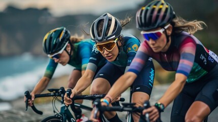 Three female cyclists in action riding their bikes with determination and focus.