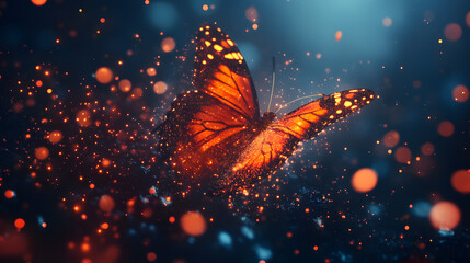 Magischer orangefarbener Schmetterling mit funkelnden Partikeln im Licht